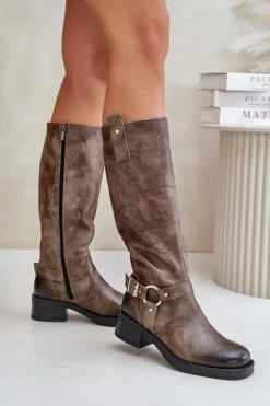 Kozaki Ocieplane|Kozaki Przed Kolano>Zazoo 70141 Skórzane Kozaki Damskie Przed Kolano Brązowe Brązowy