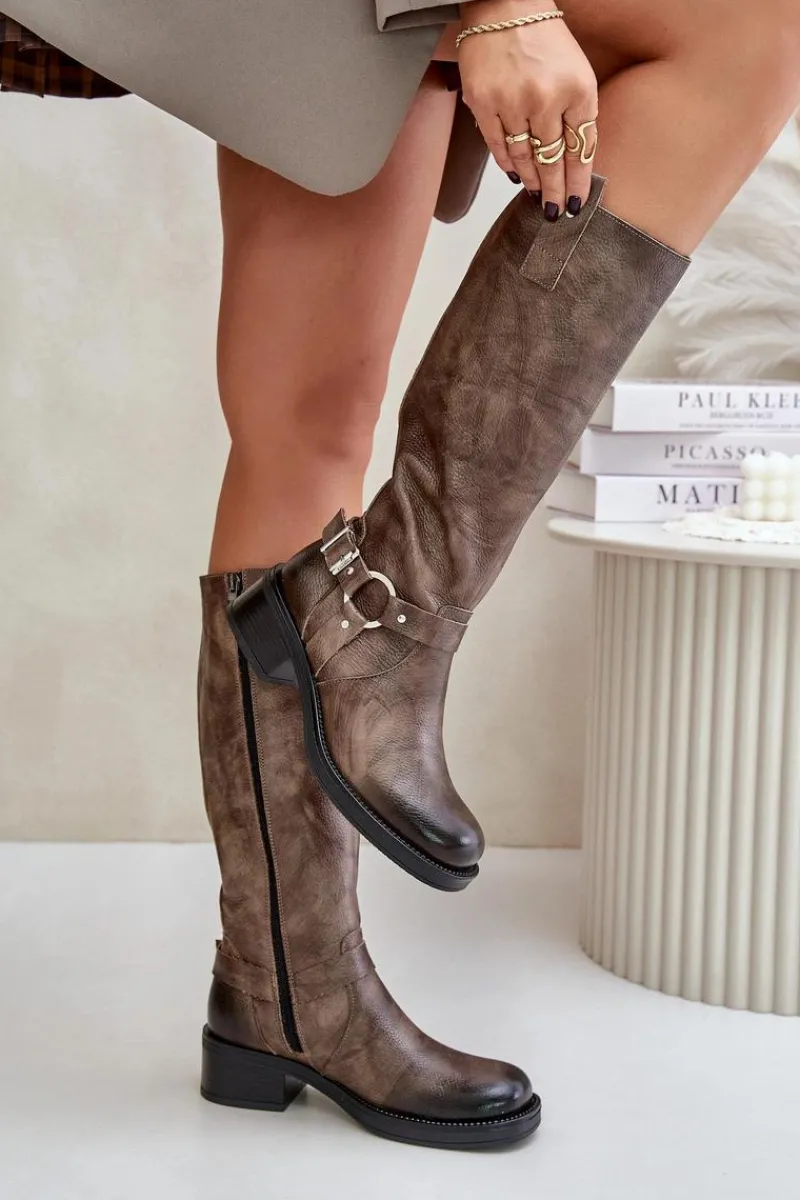 Kozaki Ocieplane|Kozaki Przed Kolano>Zazoo 70141 Skórzane Kozaki Damskie Przed Kolano Brązowe Brązowy