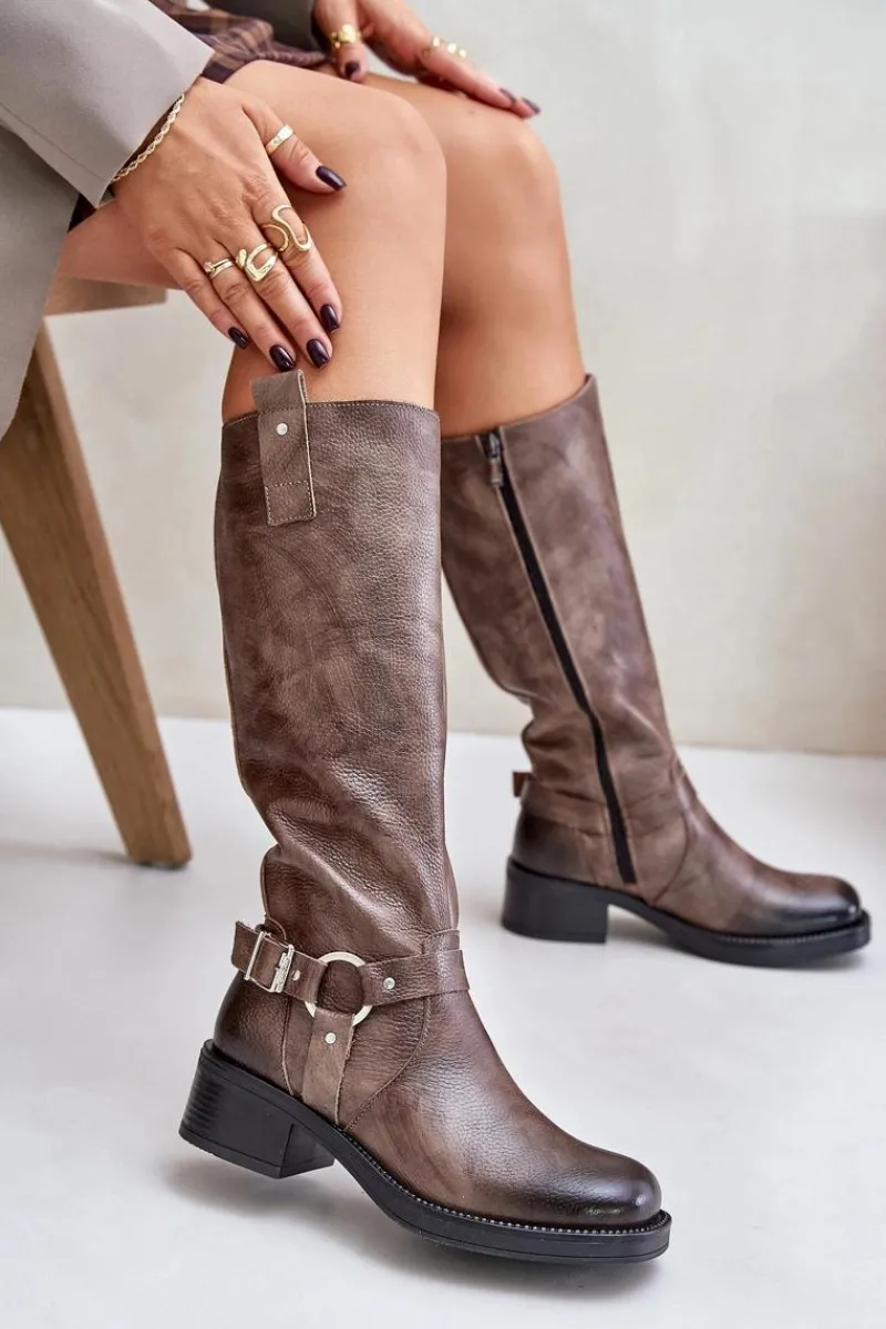 Kozaki Ocieplane|Kozaki Przed Kolano>Zazoo 70141 Skórzane Kozaki Damskie Przed Kolano Brązowe Brązowy