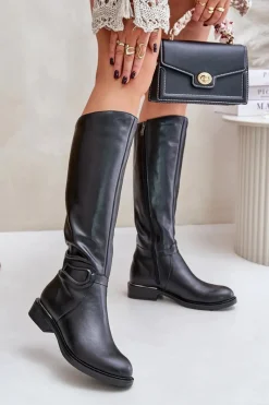 Outlet 70140 Skórzane Kozaki Damskie Przed Kolano Ocieplane Czarne Damskie Kozaki Ocieplane|Kozaki Płaskie