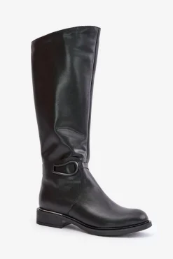 Outlet 70140 Skórzane Kozaki Damskie Przed Kolano Ocieplane Czarne Damskie Kozaki Ocieplane|Kozaki Płaskie