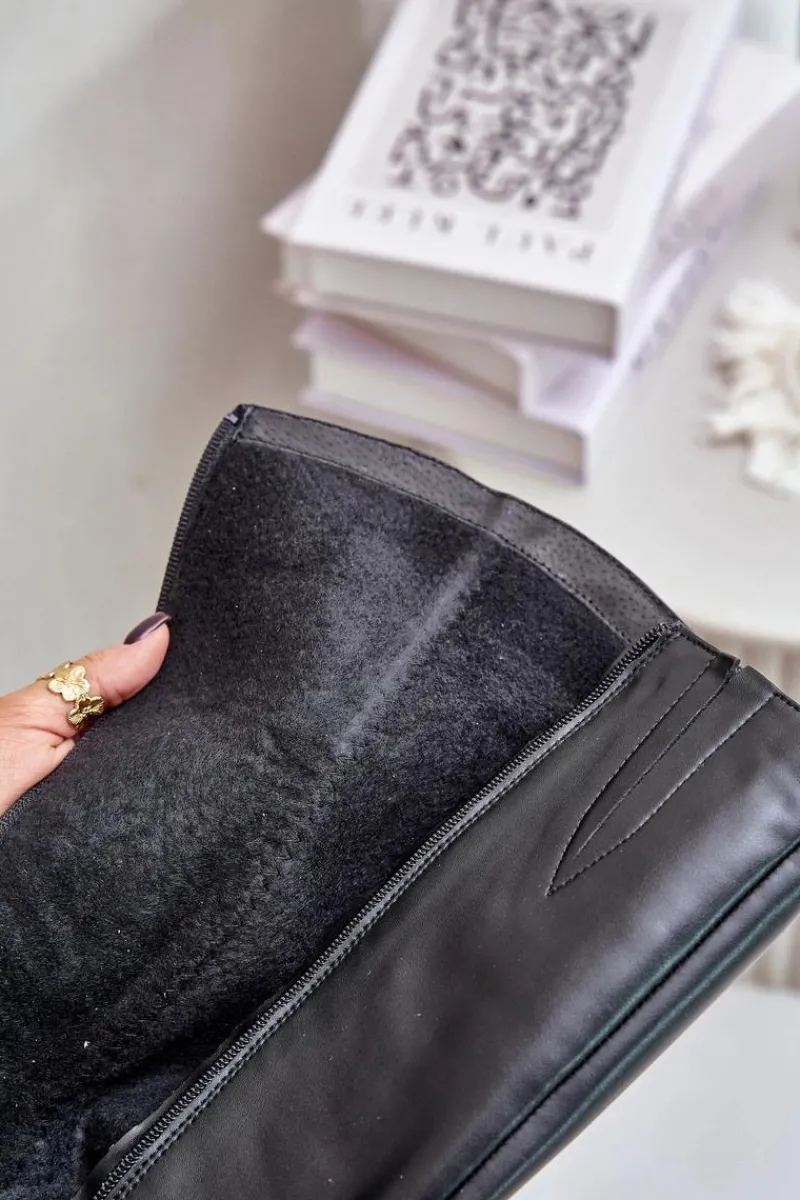 Outlet 70140 Skórzane Kozaki Damskie Przed Kolano Ocieplane Czarne Damskie Kozaki Ocieplane|Kozaki Płaskie