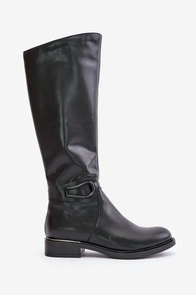 Outlet 70140 Skórzane Kozaki Damskie Przed Kolano Ocieplane Czarne Damskie Kozaki Ocieplane|Kozaki Płaskie