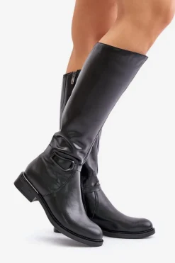 Outlet 70140 Skórzane Kozaki Damskie Przed Kolano Ocieplane Czarne Damskie Kozaki Ocieplane|Kozaki Płaskie