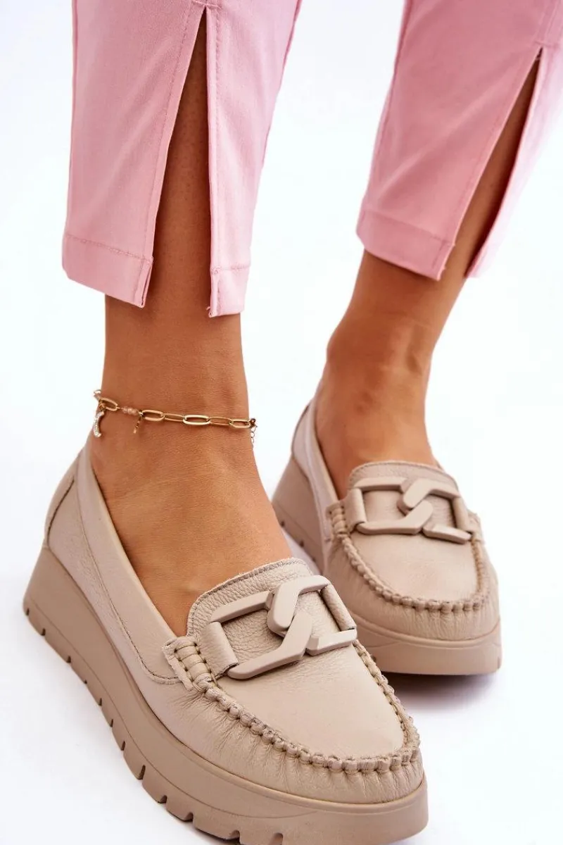 Mokasyny Damskie Skórzane|Mokasyny Na Platformie>Zazoo 10141 Skórzane Mokasyny Na Platformie Z Ozdobą Beżowe