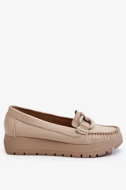 Mokasyny Damskie Skórzane|Mokasyny Na Platformie>Zazoo 10141 Skórzane Mokasyny Na Platformie Z Ozdobą Beżowe