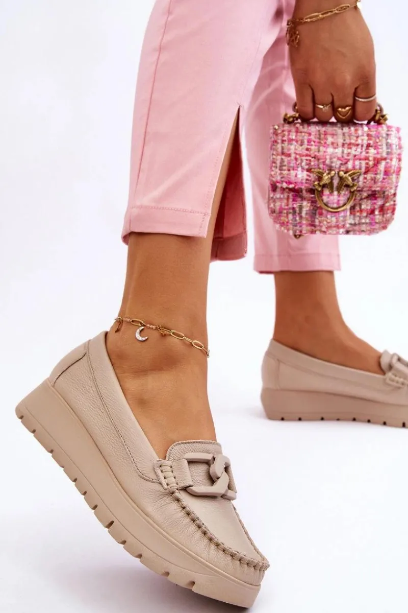 Mokasyny Damskie Skórzane|Mokasyny Na Platformie>Zazoo 10141 Skórzane Mokasyny Na Platformie Z Ozdobą Beżowe