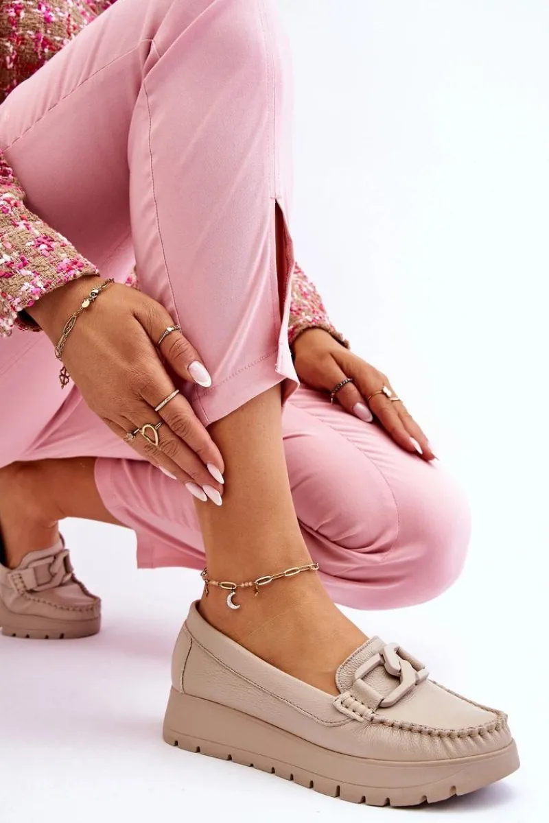 Mokasyny Damskie Skórzane|Mokasyny Na Platformie>Zazoo 10141 Skórzane Mokasyny Na Platformie Z Ozdobą Beżowe