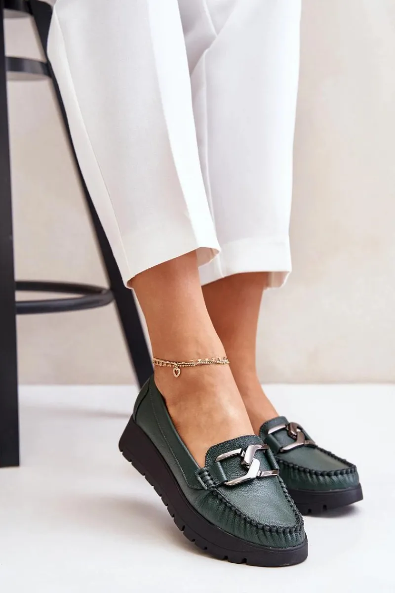 Hot Zazoo 10141 Skórzane Mokasyny Na Platformie Z Ozdobą Ciemnozielone Zielony