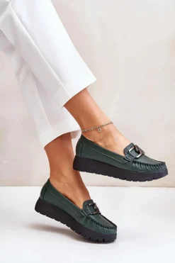 Hot Zazoo 10141 Skórzane Mokasyny Na Platformie Z Ozdobą Ciemnozielone Zielony