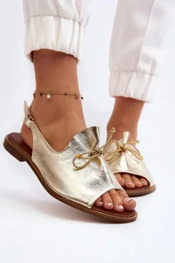 Clearance 2898 Skórzane Płaskie Sandały Złote Damskie Sandały Płaskie