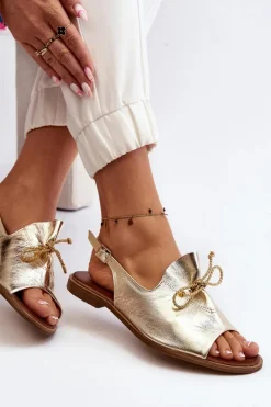 Clearance 2898 Skórzane Płaskie Sandały Złote Damskie Sandały Płaskie