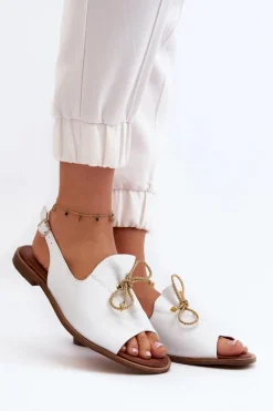 Sandały Płaskie>Zazoo 2898 Skórzane Płaskie Sandały Białe Biały