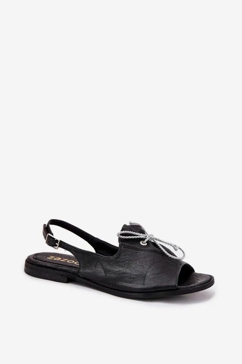 Sandały Płaskie>Zazoo 2898 Skórzane Płaskie Sandały Czarne Czarny