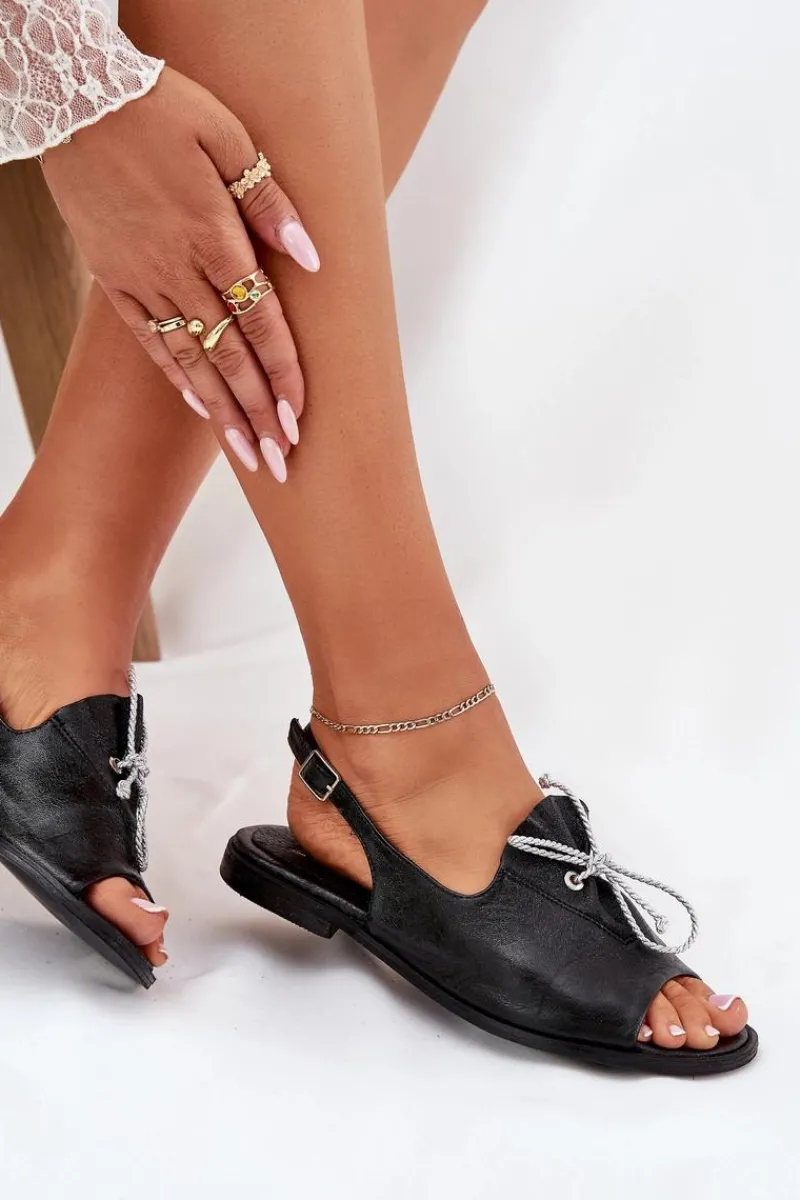 Sandały Płaskie>Zazoo 2898 Skórzane Płaskie Sandały Czarne Czarny