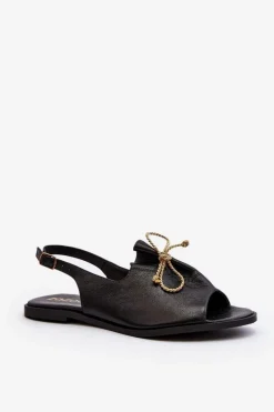 Zazoo 2898 Skórzane Płaskie Sandały Czarne Czarny