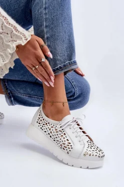 Online Zazoo 2821 Skórzane Półbuty Damskie Ażurowe Jasnoszare Szary