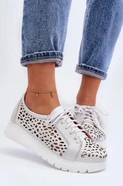 Online Zazoo 2821 Skórzane Półbuty Damskie Ażurowe Jasnoszare Szary