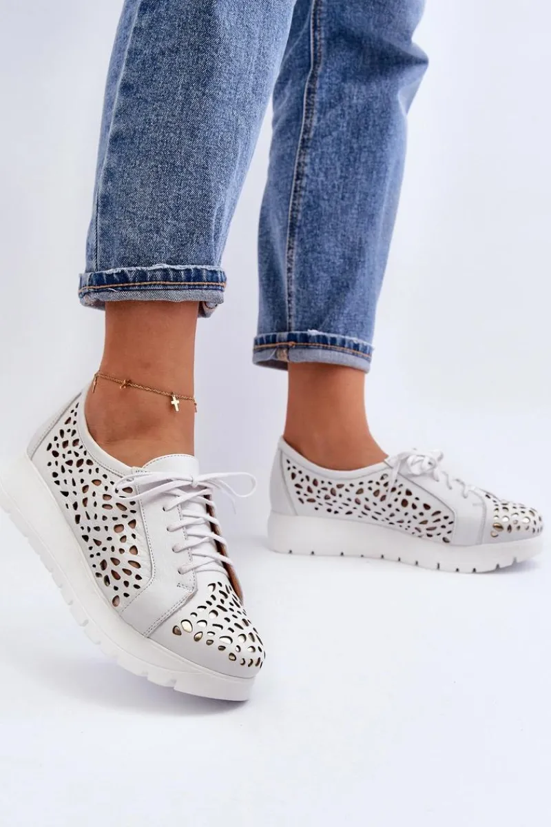 Online Zazoo 2821 Skórzane Półbuty Damskie Ażurowe Jasnoszare Szary