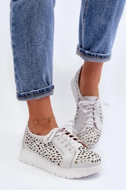 Online Zazoo 2821 Skórzane Półbuty Damskie Ażurowe Jasnoszare Szary