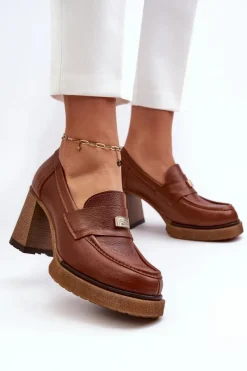 Best 20169 Skórzane Półbuty Na Obcasie Brązowe Damskie Półbuty Skórzane