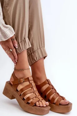 Sandały Na Obcasie>Zazoo 40410 Skórzane Sandały Damskie Brązowe