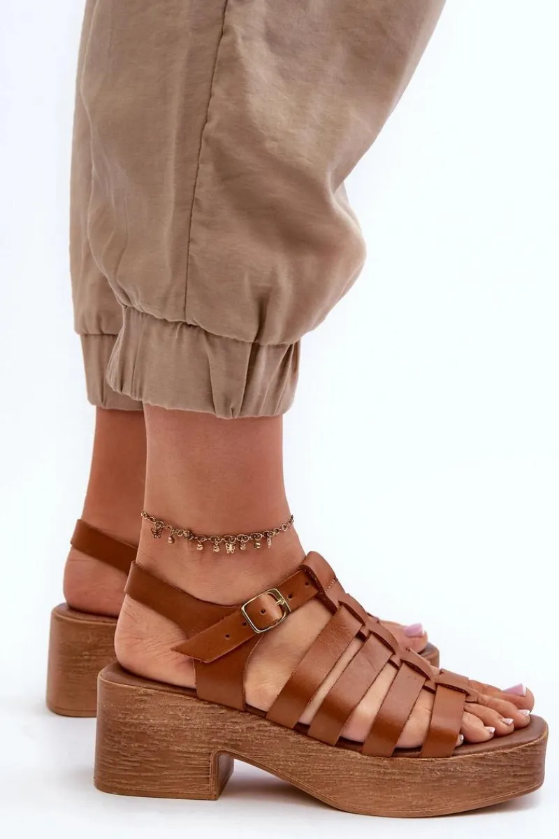 Sandały Na Obcasie>Zazoo 40410 Skórzane Sandały Damskie Brązowe