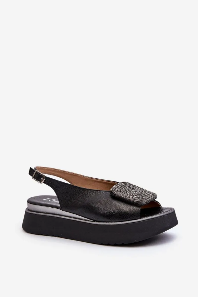 1786 Skórzane Sandały Damskie Na Platformie Z Ozdobą Czarne Damskie Sandały Płaskie