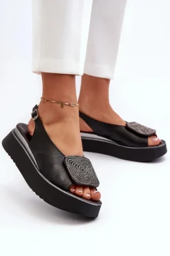 1786 Skórzane Sandały Damskie Na Platformie Z Ozdobą Czarne Damskie Sandały Płaskie