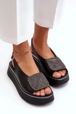 1786 Skórzane Sandały Damskie Na Platformie Z Ozdobą Czarne Damskie Sandały Płaskie