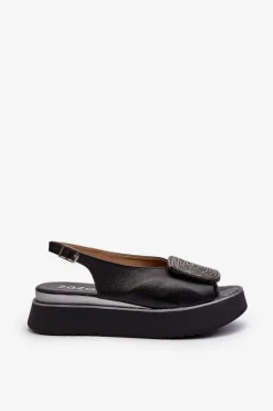 1786 Skórzane Sandały Damskie Na Platformie Z Ozdobą Czarne Damskie Sandały Płaskie