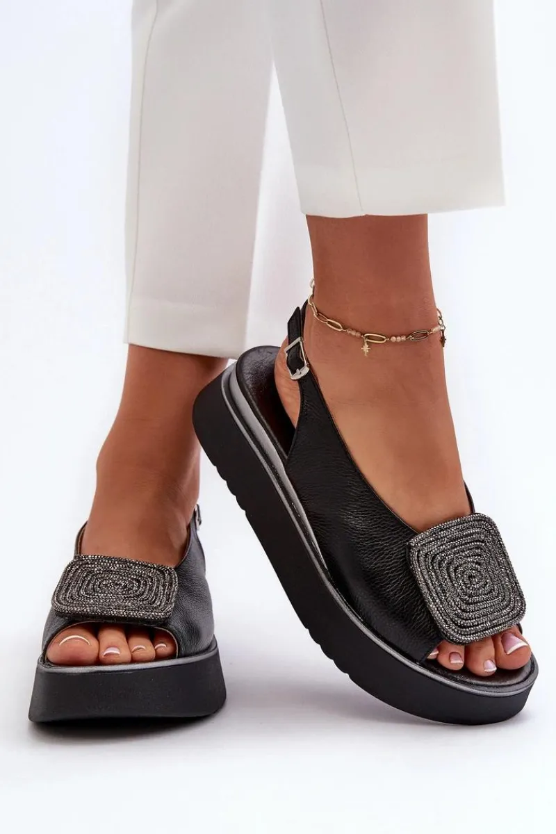 1786 Skórzane Sandały Damskie Na Platformie Z Ozdobą Czarne Damskie Sandały Płaskie