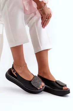 1786 Skórzane Sandały Damskie Na Platformie Z Ozdobą Czarne Damskie Sandały Płaskie