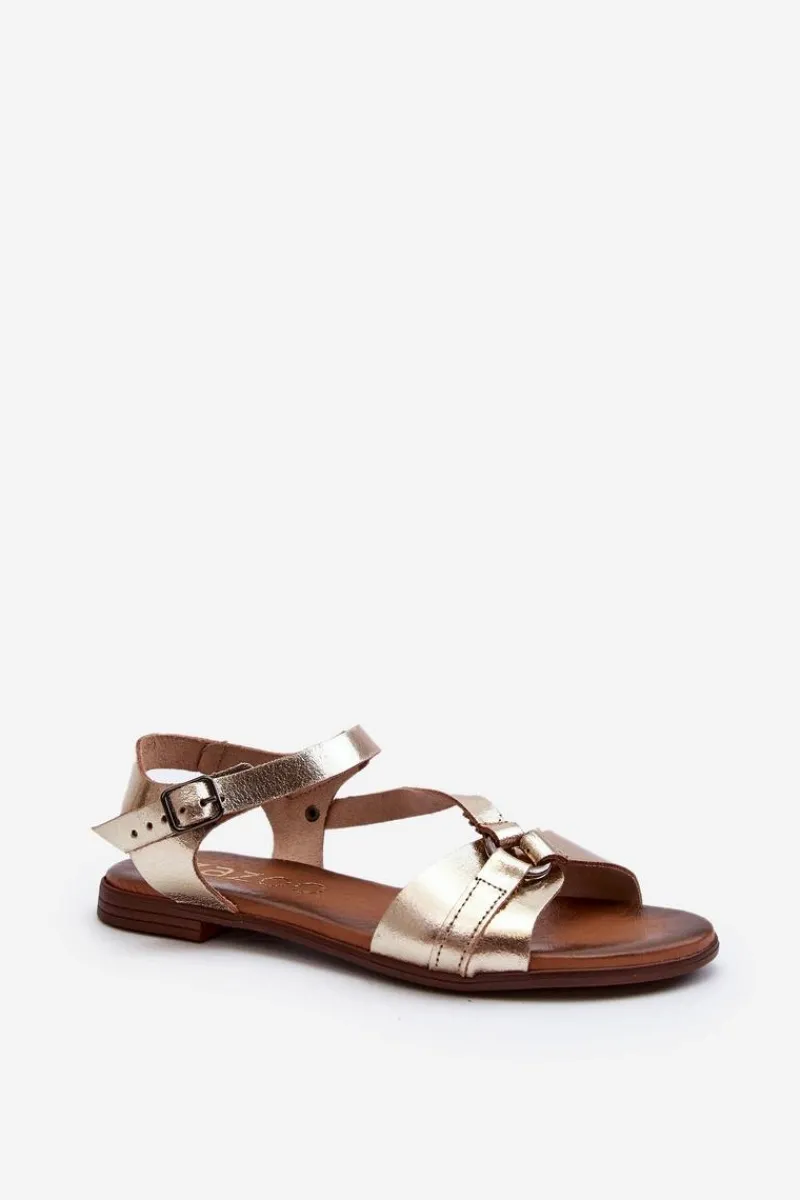 Online 40182 Skórzane Sandały Damskie Złote Damskie Sandały Płaskie