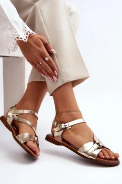 Online 40182 Skórzane Sandały Damskie Złote Damskie Sandały Płaskie