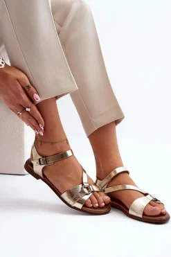 Online 40182 Skórzane Sandały Damskie Złote Damskie Sandały Płaskie