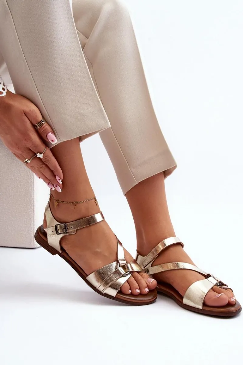 Online 40182 Skórzane Sandały Damskie Złote Damskie Sandały Płaskie