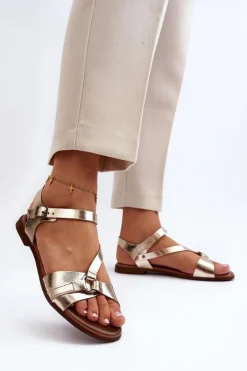 Online 40182 Skórzane Sandały Damskie Złote Damskie Sandały Płaskie