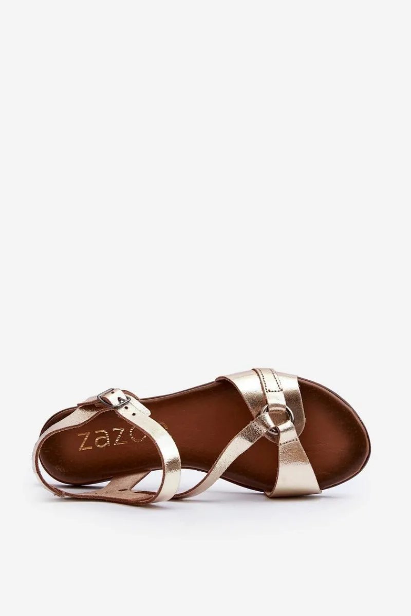 Online 40182 Skórzane Sandały Damskie Złote Damskie Sandały Płaskie