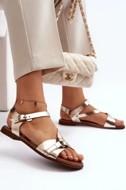 Online 40182 Skórzane Sandały Damskie Złote Damskie Sandały Płaskie
