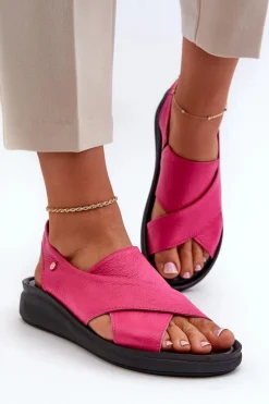 Sandały Na Obcasie|Sandały Na Koturnie>Zazoo 40392 Skórzane Sandały Damskie Fuksja