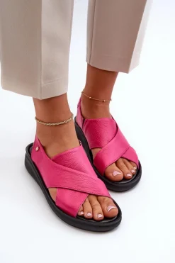 Sandały Na Obcasie|Sandały Na Koturnie></noscript>Zazoo 40392 Skórzane Sandały Damskie Fuksja