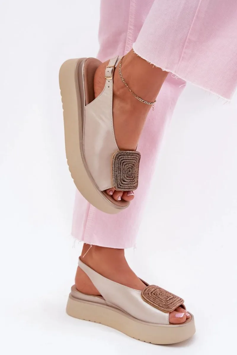 Sandały Płaskie>Zazoo 1786 Skórzane Sandały Damskie Na Platformie Z Ozdobą Perłowy Beż