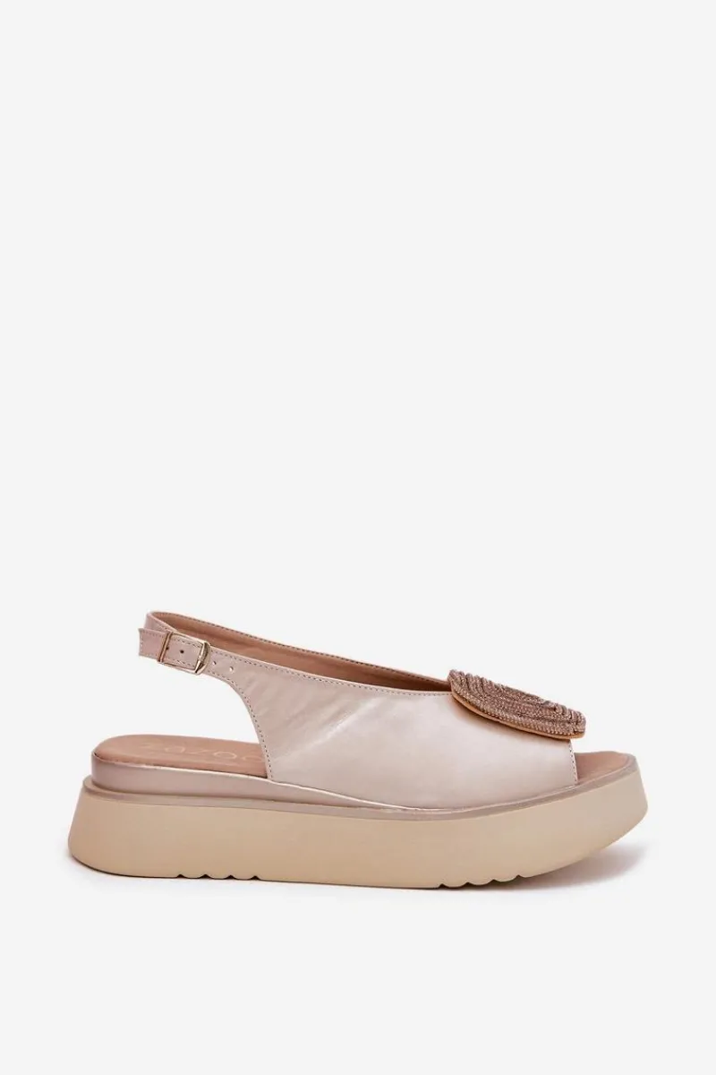 Sandały Płaskie>Zazoo 1786 Skórzane Sandały Damskie Na Platformie Z Ozdobą Perłowy Beż