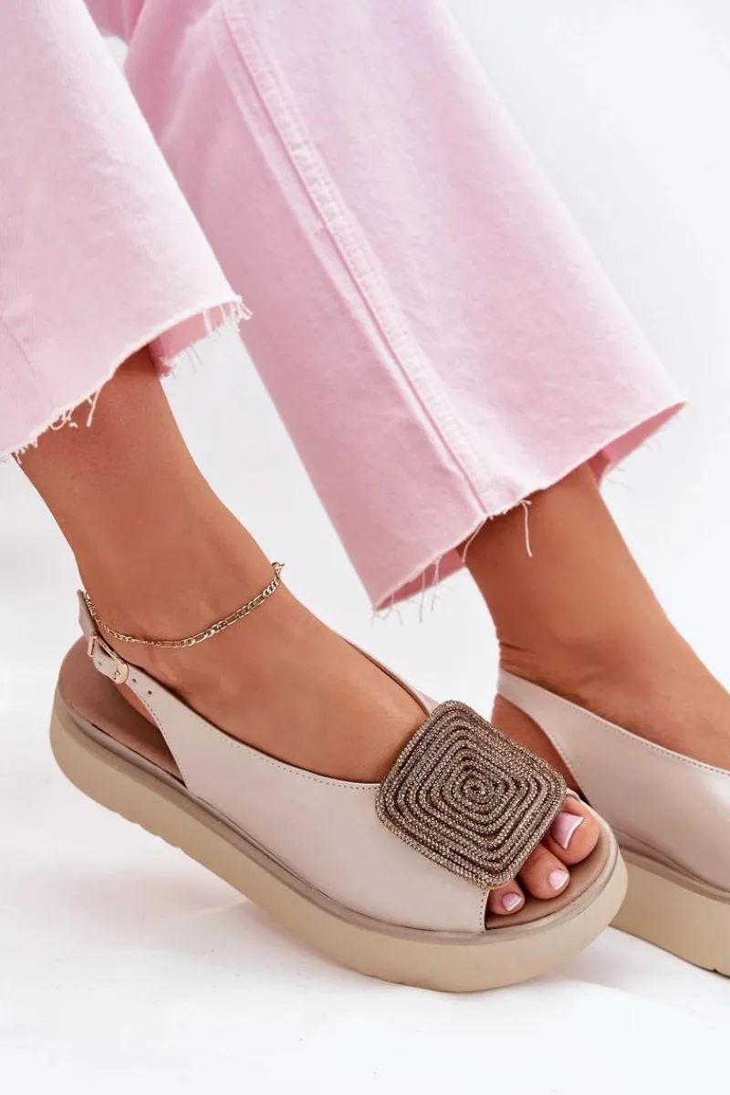 Sandały Płaskie>Zazoo 1786 Skórzane Sandały Damskie Na Platformie Z Ozdobą Perłowy Beż