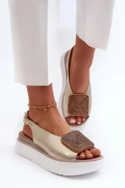 Sandały Płaskie>Zazoo 1786 Skórzane Sandały Damskie Na Platformie Z Ozdobą Złote