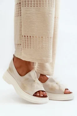 Hot 2939 Skórzane Sandały Damskie Z Kokardką Złoty Przecierany Damskie Sandały Płaskie