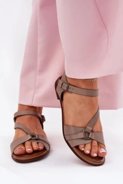 40182 Skórzane Sandały Damskie Ciemnobeżowe Damskie Sandały Płaskie