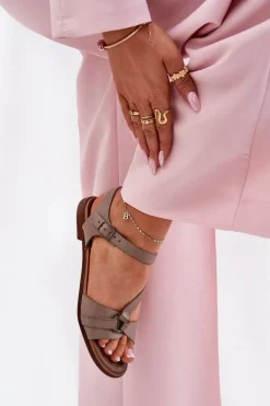 40182 Skórzane Sandały Damskie Ciemnobeżowe Damskie Sandały Płaskie