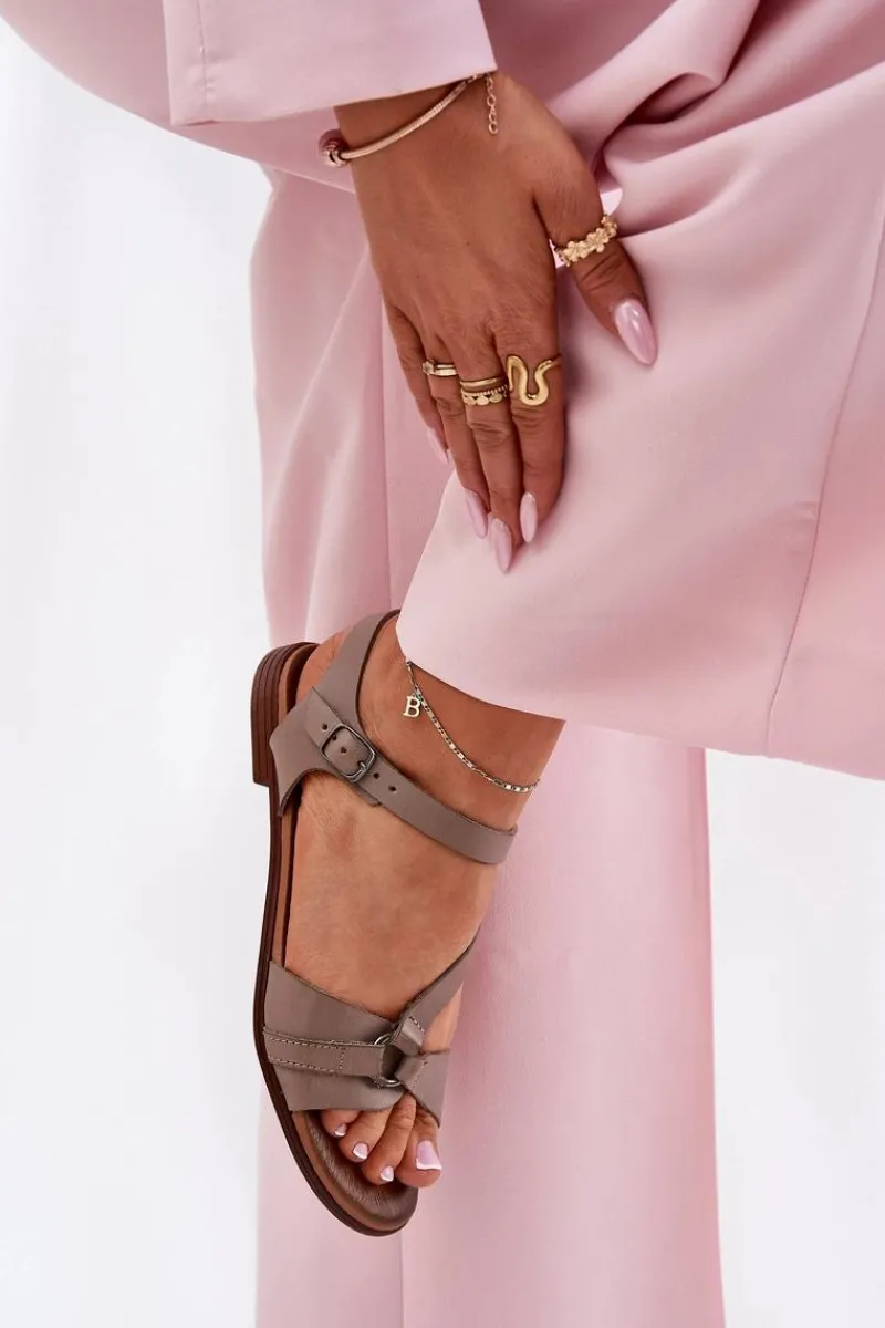 40182 Skórzane Sandały Damskie Ciemnobeżowe Damskie Sandały Płaskie